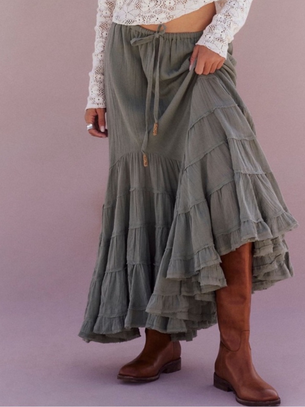 Free People Like A Mermaid Tiered Ruffles Maxi Skirt in Sea spray S